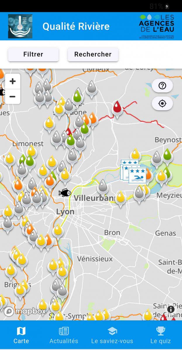 capture d'écran de l'application qualité des rivières